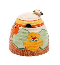 A Clarice Cliff beehive honey/preserve pot decorated in the Nasturtium pattern, printed marks,