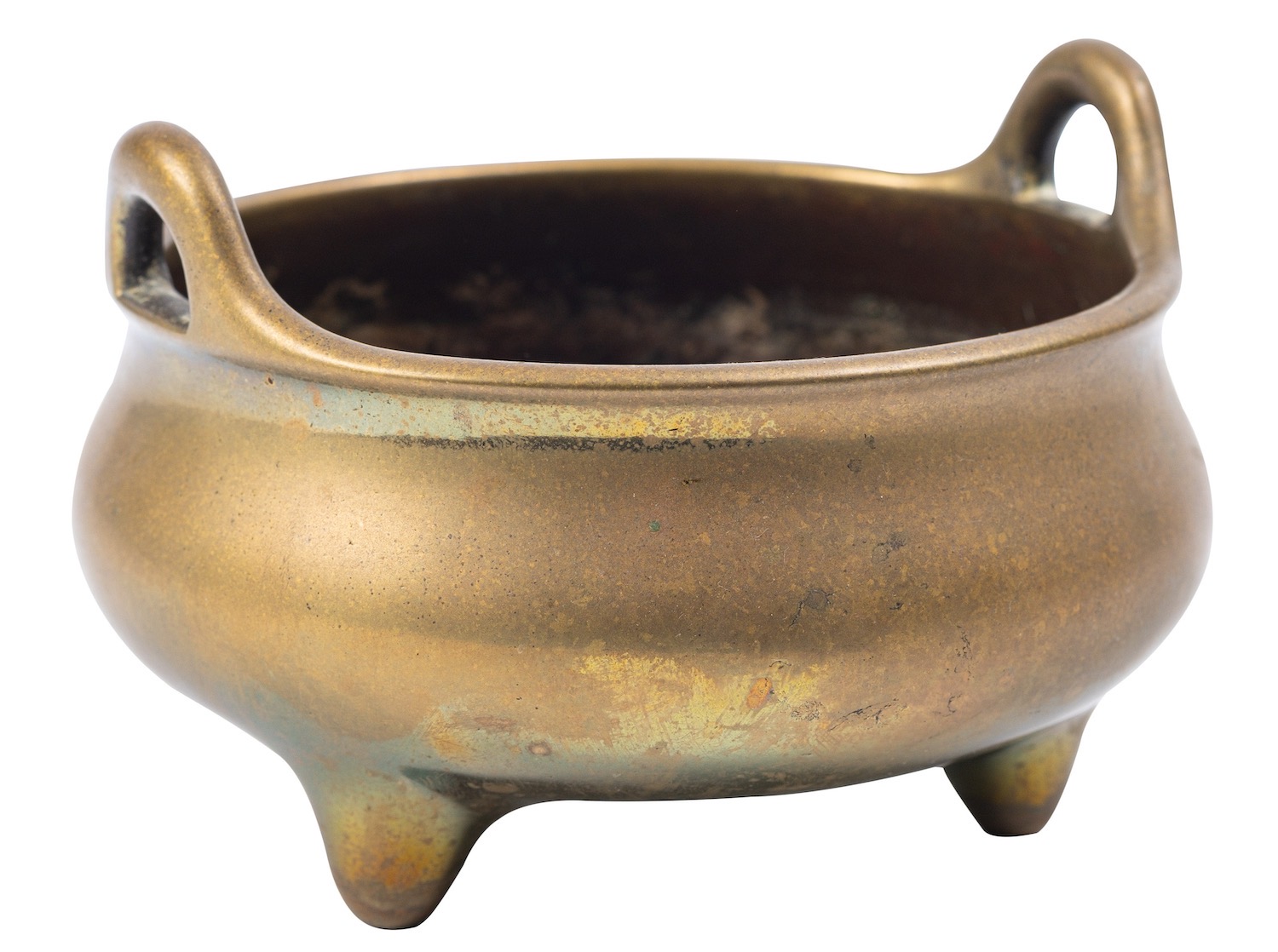 A Chinese polished bronze tripod censer and three small hardstone carvings...