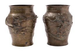 A pair of Japanese bronze vases relief decorated with a dragon, ho-ho bird and a hawk, seal marks,