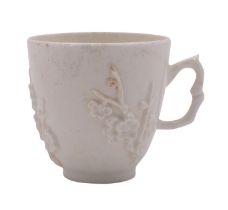A Bow white coffee cup with crabstock handle and applied with prunus sprays, circa 1755-60, 6.