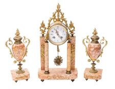 A 20th century breccia rossa stone cased mantel clock garniture,