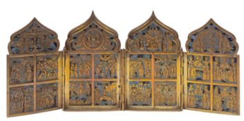 A Russian enamelled brass travelling icon,