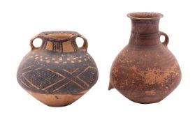 Two Chinese Neolithic terracotta vessels painted in black with geometric designs,