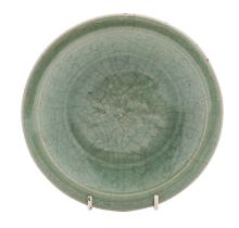 A Chinese Longquan dish with crackled celadon glaze, everted rim and on short foot,