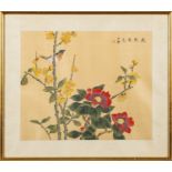 Five Chinese and two Japanese prints depicting floral motifs Together with an Oriental abstract