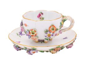 A Meissen flower-encrusted cabinet cup and saucer painted and applied with insects,