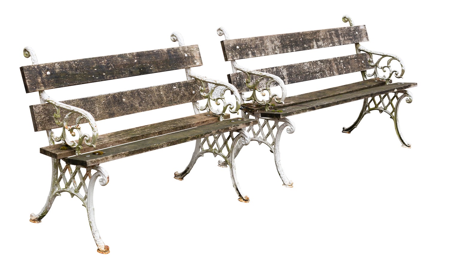 Two similar painted cast iron and slatted wood garden benches,