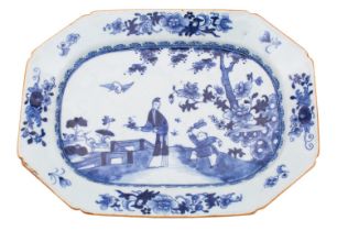 A Chinese blue and white octagonal dish painted with a mother and child in a garden with peony,