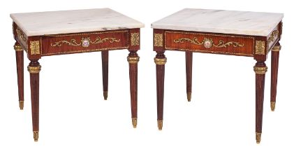 A pair of marble-topped mahogany occasional tables in French 18th century taste,