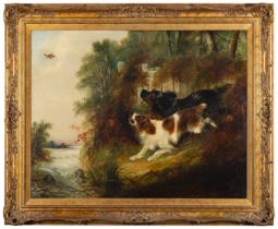 Attributed to George Armfield (British,1808-1893) Two dogs flushing a Mallard Oil on canvas 71 x 91.