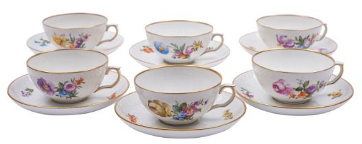 Six Royal Copenhagen cups and saucers, of osier and wrythen moulded form,