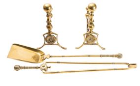 A set of Victorian brass fire tools in Aesthetic style, by Benham & Froud of London,