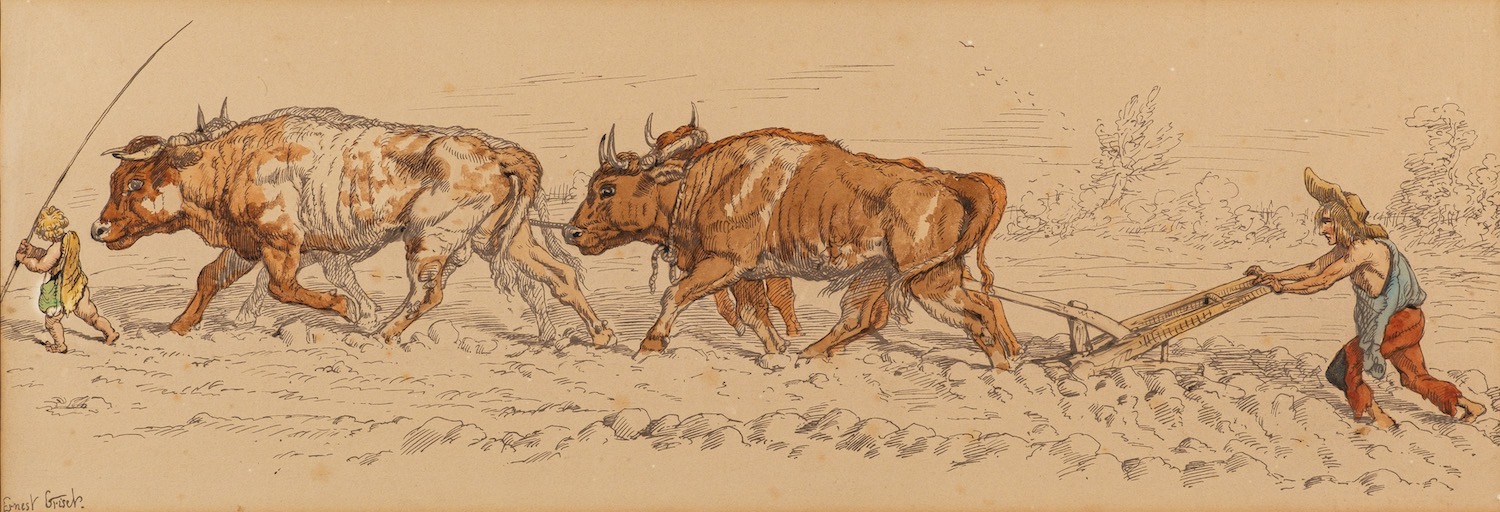 Ernest Henry Griset (French, 1844-1907) Ploughing with oxen Pen, ink and watercolour wash 26 x 74. - Image 3 of 3