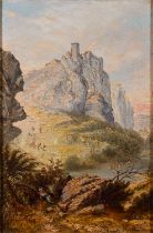 British School (19th Century) View of Carreg Cennen castle with a reclining figure in the