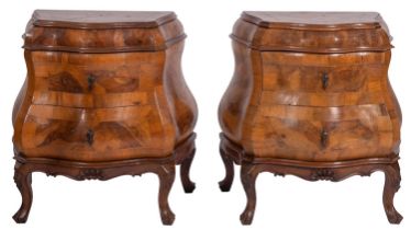 A pair of Sicilian or possibly Maltese walnut bombe chests of drawers, in 18th century style,