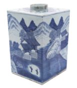 A large Chinese blue and white tea jar, Qing Dynasty of square section,