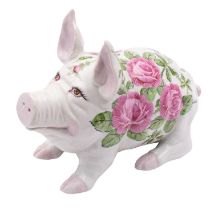 A large Wemyss-style pottery pig decorated with pink cabbage roses, 26cm high.