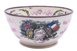 A Scott pottery Sunderland purple lustre bowl, decorated with cartouches of the Crimean War,