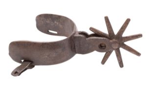 A wrought iron boot spur, late 18th /early 19th century; with eight point spike wheel; 6.