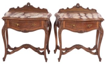 A pair of walnut, kingwood and marble mounted bedside stands in Louis XV taste,