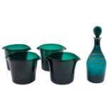 A Bristol green glass decanter and four matching glass coolers,