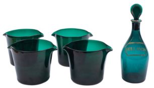 A Bristol green glass decanter and four matching glass coolers,