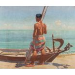 Rupert Pease (British 1906 - 1945) A fisherman with his boat looking out to sea Oil on canvas 75 x