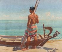Rupert Pease (British 1906 - 1945) A fisherman with his boat looking out to sea Oil on canvas 75 x