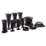 A group of Davidson pressed frosted Jet Black glass, comprising three footed vases, pattern no.