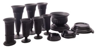 A group of Davidson pressed frosted Jet Black glass, comprising three footed vases, pattern no.