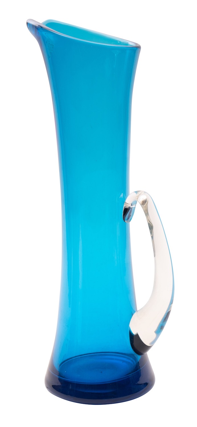 Frank Thrower for Dartington, a blue glass ewer,