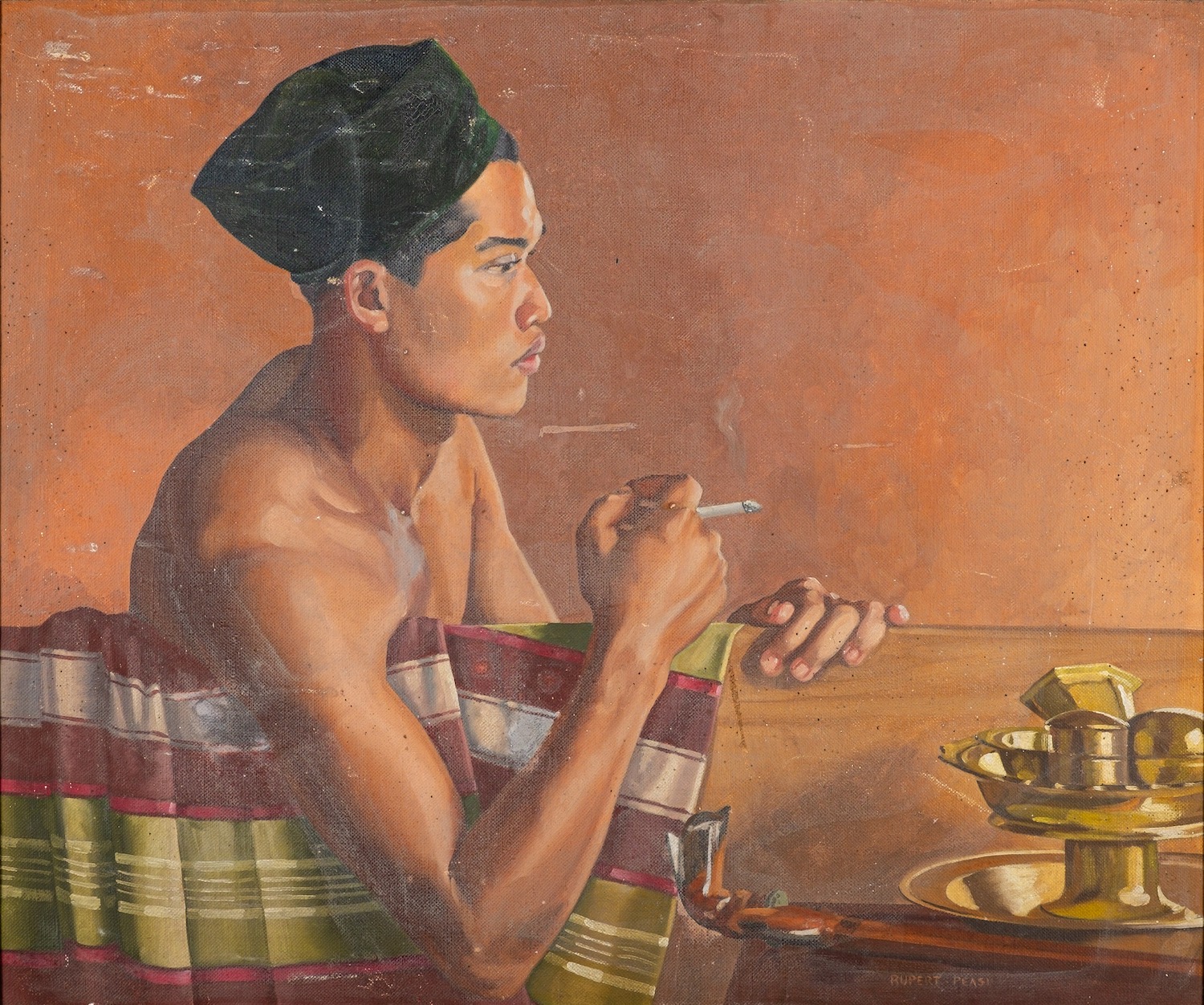 Rupert Pease (British 1906 - 1945) Seated man smoking at a table with brass vessels Oil on - Image 3 of 3