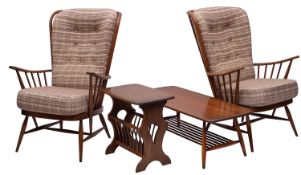 A pair of Ercol Jubilee stained beech and button upholstered open armchairs,