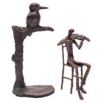 A patinated bronze model of a kingfisher on a branch, modern; naturalistically portrayed,