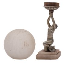 A Continental cold painted metal and alabaster mounted figural table lamp, in Art Deco style,