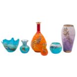 Margaret Johnson [Contemporary] five glass vases and a bowl, decorated with silk straw,