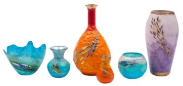 Margaret Johnson [Contemporary] five glass vases and a bowl, decorated with silk straw,