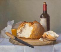 Gerald Norden (British,1912-2000) Still life with wine and cheese Oil on canvas 30 x 34.