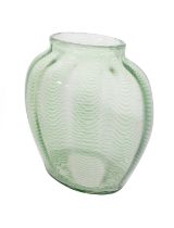 A Whitefriars Minoan vase of oviform with threaded green decoration on a pale green ground,