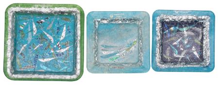 Margaret Johnson [Contemporary] three glass dishes of square form decorated with silk straw and