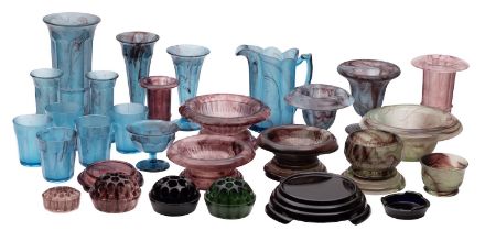 A large group of Davidson pressed Blue and Purple Cloud glass, comprising faceted cylinder vases,