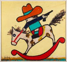 Colin Spring (Contemporary) Cowboy on a rocking horse Oil on board 60.