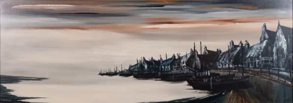 *Ron Folland (British, 1932-1999) A panoramic view of a harbour Oil on board 42.5 x 120.