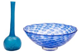 An American art glass bowl of footed circular form decorated with an encircling matrix of blue