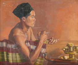 Rupert Pease (British 1906 - 1945) Seated man smoking at a table with brass vessels Oil on