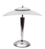 A chromium plated metal and glass table lamp,
