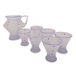 An Art Deco glass lemonade set, the frosted body with blue linear and spotted decoration,