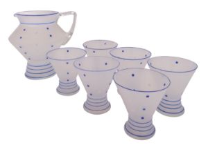 An Art Deco glass lemonade set, the frosted body with blue linear and spotted decoration,