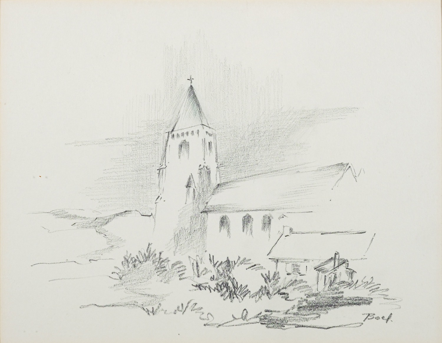 Maurice Boel (Belgian,1913-1998) Landscape with a Church and cottage Pencil 19.