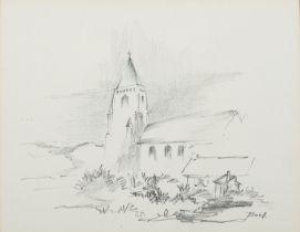 Maurice Boel (Belgian,1913-1998) Landscape with a Church and cottage Pencil 19.